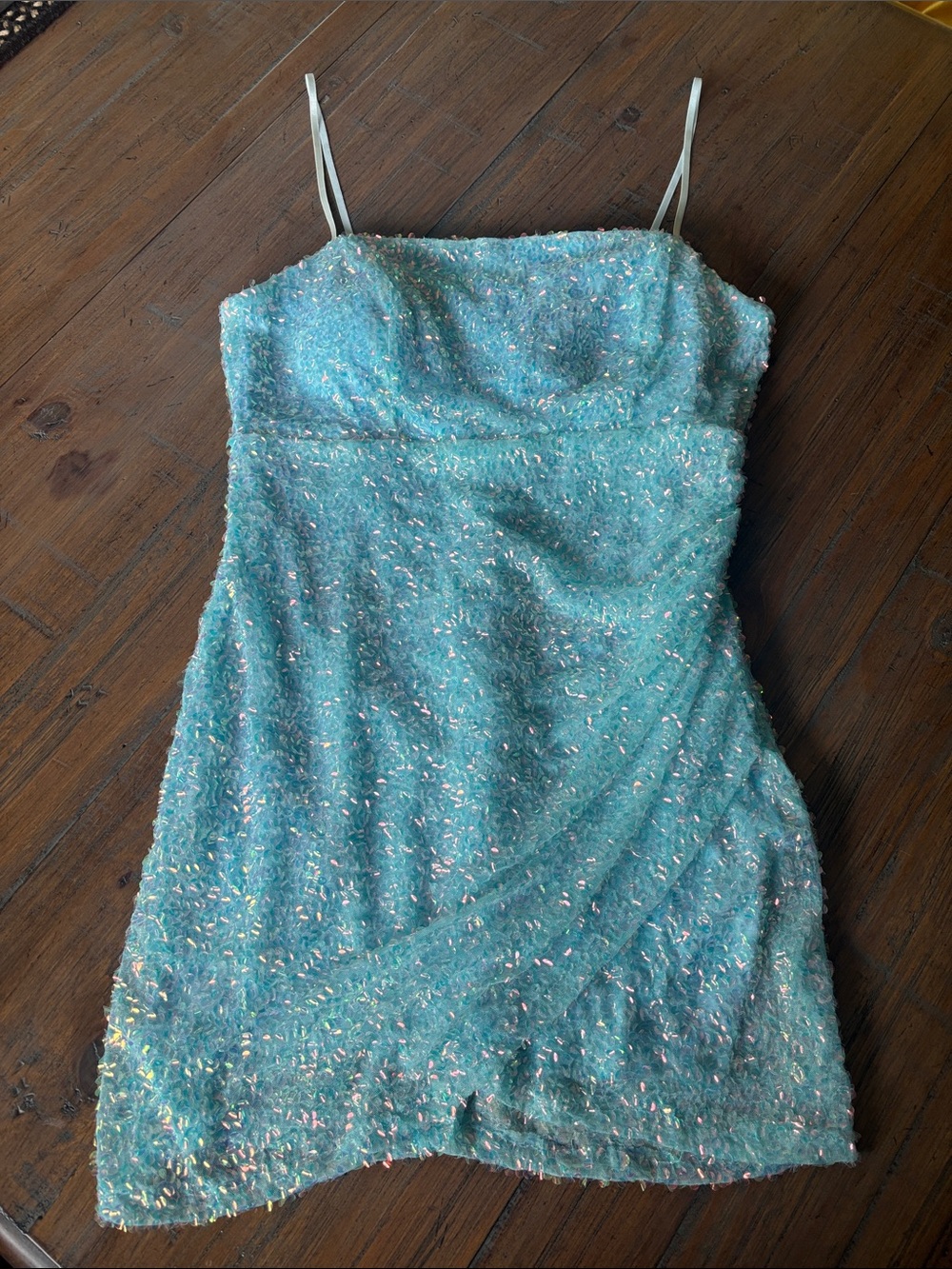 Midnight Doll size L Light Blue Sequin Spaghetti Strap Dress